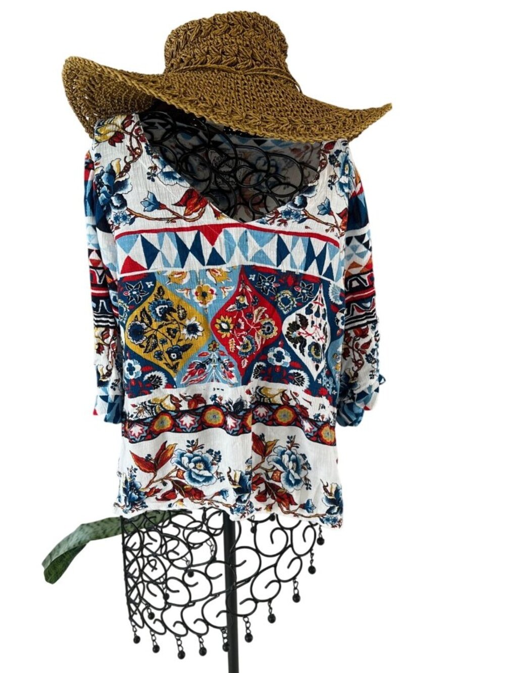 Casualleena Boho Floral & Geometric Print Tunic Top Size M